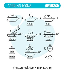 Juego de iconos de instrucciones de cocción. Muy útil para explicar las recetas de cocina. Estilo Doodle. Cuarta parte de siete imágenes de colección completa.