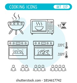 Juego de iconos de instrucciones de cocción. Muy útil para explicar las recetas de cocina. Estilo Doodle. Séptima parte de siete imágenes de colección completa.