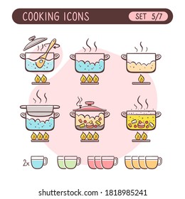 Cooking instructions icon set. Very useful to explain cooking recipes. Colorful hand drawn style. Fifth part of seven images full collection.