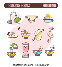 Cooking instructions icon set. Very useful to explain cooking recipes. Colorful hand drawn style. Third part of seven images full collection.