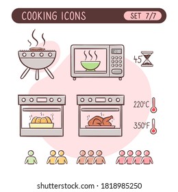 Cooking instructions icon set. Very useful to explain cooking recipes. Colorful hand drawn style. Seventh part of seven images full collection.