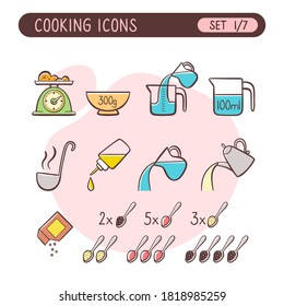 Cooking instructions icon set. Very useful to explain cooking recipes. Colorful hand drawn style. First part of seven images full collection.