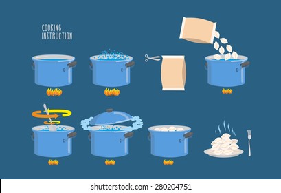 Cooking instructions. Infographics of boiling dumplings. Vector icons set.