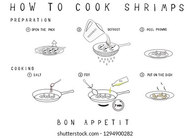 Cooking Instructions. Manual For Cooking Shrimps. Vector Infographics Set. 