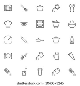 Cooking instructions outline icons set. linear style symbols collection, line signs pack. vector graphics. Set includes icons as cookbook, egg beater mixer, cooking pan, kettle pour water, spoon fork