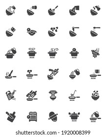Cooking instructions vector icons set, modern solid symbol collection, filled style pictogram pack. Signs, logo illustration. Set includes icons as frying pan, saucepan on gas stove, dough rolling pin