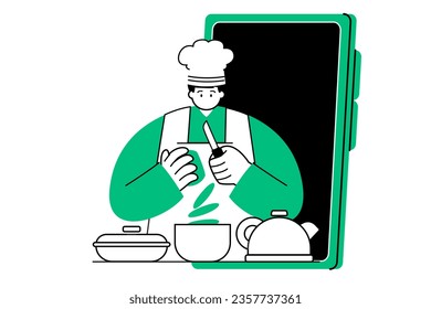 Cooking instructor class live stream chef watch create recipe video smart phone vlog vector illustration