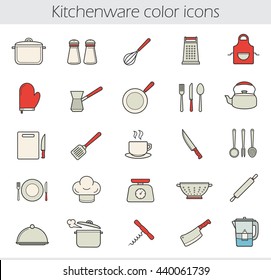 Cooking instruments color icons set. Kitchen tools and appliances. Household cooking utensils. Kitchenware. Tea and coffee items. Restaurant chef's equipment. Vector isolated illustrations