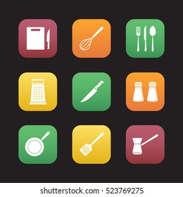 Cooking instruments flat design icons set. Cutting board, knife, whisk, silverware, grater, salt and pepper shakers, skillet, spatula, turkish cezve. Web application interface. Vector illustrations