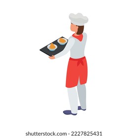 Cooking isometric composition with human character of cook with kitchen appliances vector illustration