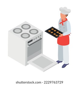 Cooking isometric composition with human character of cook with kitchen appliances vector illustration