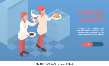 Cooking isometric horizontal banner with cooking classes symbols vector illustration