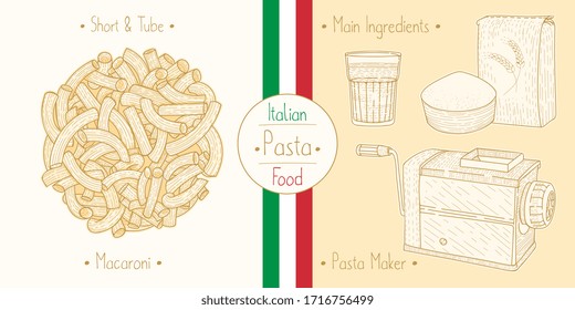 Cooking italian food Elbow-Shaped Pasta aka Macaroni and main ingredients and pasta makers equipment, sketching illustration in vintage style