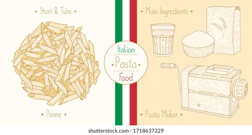 Cooking italian foodtube Pasta Penne and main ingredients and pasta makers equipment, sketching illustration in vintage style
