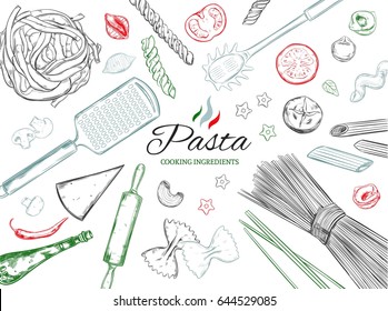 Cooking Italian Pasta template. Different types of pasta. Vector hand drawn illustration. Isolated objects on white. Sketch style