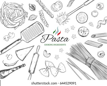 Cooking Italian Pasta template. Different types of pasta. Vector hand drawn illustration. Isolated objects on white. Sketch style