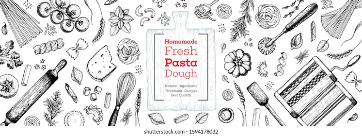 Cooking italian pasta top view frame. Hand drawn vector illustration. Italian food design template. Engraved sketch style. Italian cuisine frame. Food menu design elements.