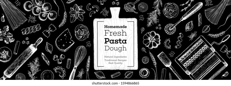 Cooking italian pasta top view frame. Hand drawn vector illustration. Italian food design template. Engraved sketch style. Italian cuisine frame. Food menu design elements.