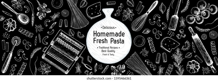 Cooking italian pasta top view frame. Hand drawn vector illustration. Italian food design template. Engraved sketch style. Italian cuisine frame. Food menu design elements.