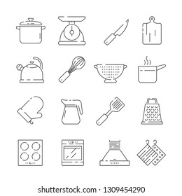 Cooking items icon. Kitchen appliances scoop pan spoons and forks plates electronic scale vector simple thin symbols