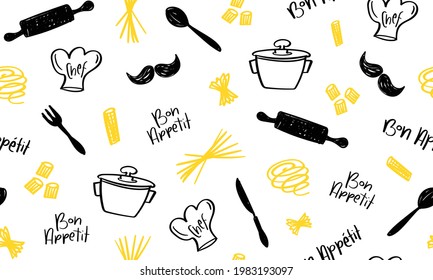 Cooking items and kitchen utensils seamless repeating pattern texture background design