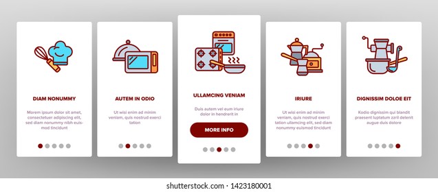 Cooking Items Vector Onboarding Mobile App Page Screen. Cooking Accessories Illustrations. Kitchen Equipment, Electronics Contour Symbols. Cookware, Saucepans, Bowl, Coffee Making Machines Pictograms