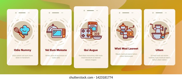 Cooking Items Vector Onboarding Mobile App Page Screen. Cooking Accessories Illustrations. Kitchen Equipment, Electronics Contour Symbols. Cookware, Saucepans, Bowl, Coffee Making Machines Pictograms