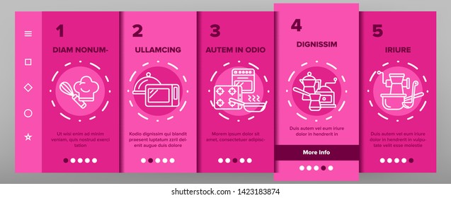 Cooking Items Vector Onboarding Mobile App Page Screen. Cooking Accessories Illustrations. Kitchen Equipment, Electronics Contour Symbols. Cookware, Saucepans, Bowl, Coffee Making Machines Pictograms