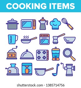 Cooking Items Vector Thin Line Icons Set. Cooking Accessories Linear Illustrations. Kitchen Equipment, Electronics Contour Symbols. Cookware, Saucepans, Bowl, Coffee Making Machines Pictograms