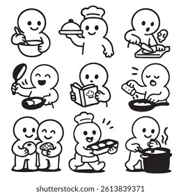 Cooking is joyful activity depicted through various characters engaging in food preparation, from mixing ingredients to serving dishes, showcasing fun and creativity in kitchen