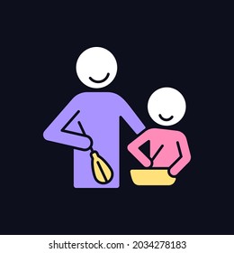 Cooking with kid RGB color icon for dark theme. Creating family tradition. Preparing food together. Isolated vector illustration on night mode background. Simple filled line drawing on black