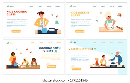 Cooking Kids Class Set Of Website Templates. Adults Cooking With Children. Bakery Class. Making Salad, Pankakes, Soup, Cookies. Flat Vector Landing Page Design.