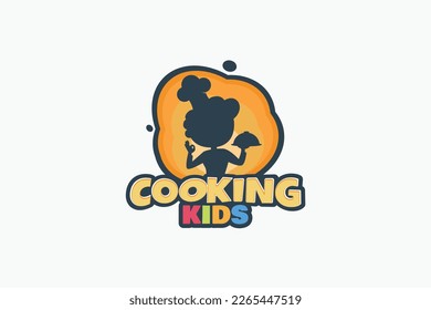 cooking kids logo with a combination of cooking kids lettering and a child carrying delicious food for any business especially for cooking class, restaurant, cafe, etc.