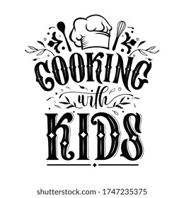 Kochen mit Kindern typografisches Vektordesign für Grußkarten und Poster. Kochen mit handgeschriebenen Kinderschreiben.  Designvorlagenfeier. Vector-Abbildung.