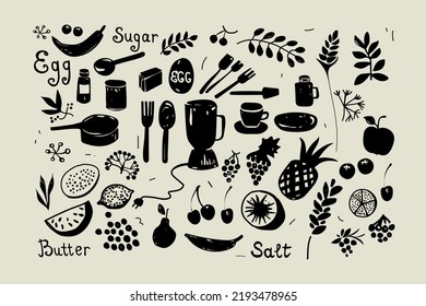 Cooking and kitchen background. Ink and pen drawing. Black thin lines on a white background. Vector illustration in doodle style. Sketch for culinary and restaurant design
