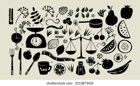 Cooking and kitchen collection. Ink and pen drawing. Black thin lines on a white background. Vector illustration in doodle style. Sketch for culinary and restaurant design