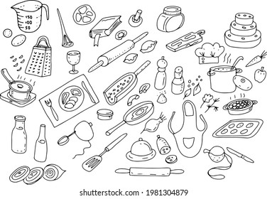 
Cooking kitchen cooking courses hobby hobby cooking at home doodles sketch vector hand drawn illustration. Print textile large set clipart. isolated elements on white background