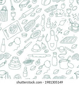 
Cooking kitchen cooking courses hobby hobby cooking at home doodles sketch vector hand drawn illustration. Print textile large set clipart. isolated elements on white background Seamless patern