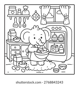 Cooking in the Kitchen - Cute Elephant Chef Baking Coloring Page