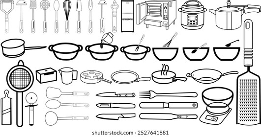 Cooking kitchen and Dining utensils Icons Set . Thin black Line art. Contains pans and pots. Kitchenware for cooking, 
frying  equipments.