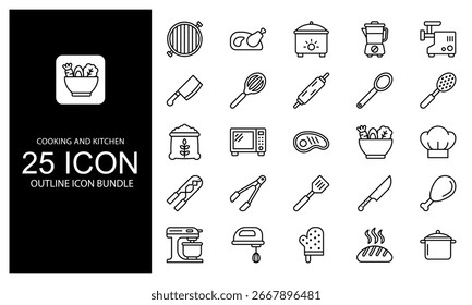 Cooking And Kitchen Element Outline Icon vector illustration bundle. black and white outline icon pack.