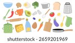 Cooking and kitchen elements. Flat vector set of food ingredients and utensils