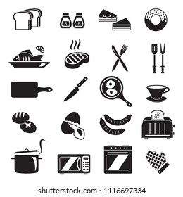 Cooking kitchen food vector icon set, bread, fish, steak, fork, egg, toaster and other icons