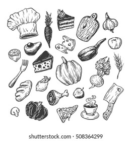 Cooking and kitchen. Hand drawn vector set. Kitchenware, cookware, food, meal, vegetables and fruits.