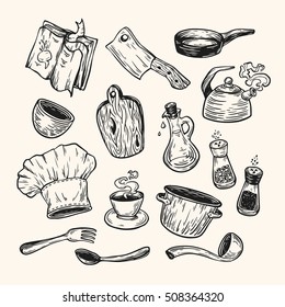 Cooking and kitchen. Hand drawn vector set. Kitchenware, cookware, tableware.