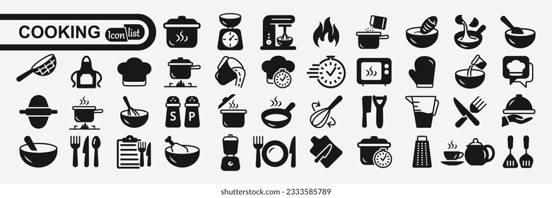 Cooking and kitchen icon collection .Cooking book, frying time, hot pan. vector silhouette