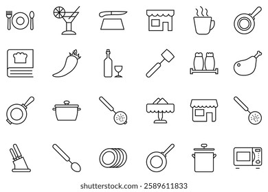 Cooking and kitchen icon. Containing fork, spoon, knife, plate, cloche, chef hat, beverage, food, dining table. Cooking line icons set with scales, kettle, bread maker, blender, toaster.