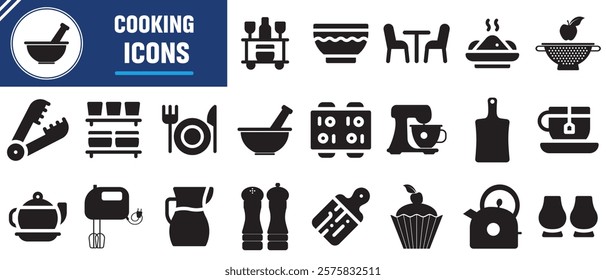 Cooking and kitchen icon set. Boiling time, Frying pan and Kitchen utensils. Fork, spoon and knife line icons. Recipe book, chef hat and cutting board. Vector illustration.