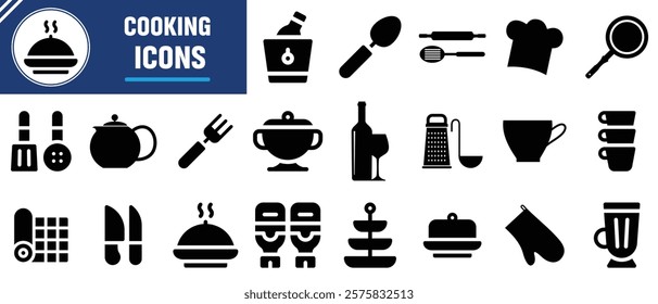 Cooking and kitchen icon set. Boiling time, Frying pan and Kitchen utensils. Fork, spoon and knife line icons. Recipe book, chef hat and cutting board. Vector illustration.