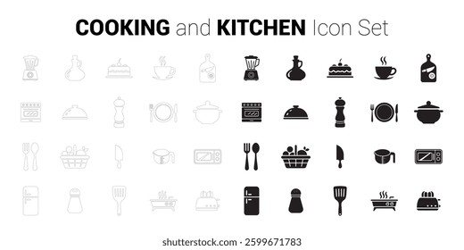 Cooking and Kitchen Icon Set. Editable minimalist vector icons. Flat and Outline. Perfect for web and app interfaces, presentations, info-graphics, etc. In black color on a white background
